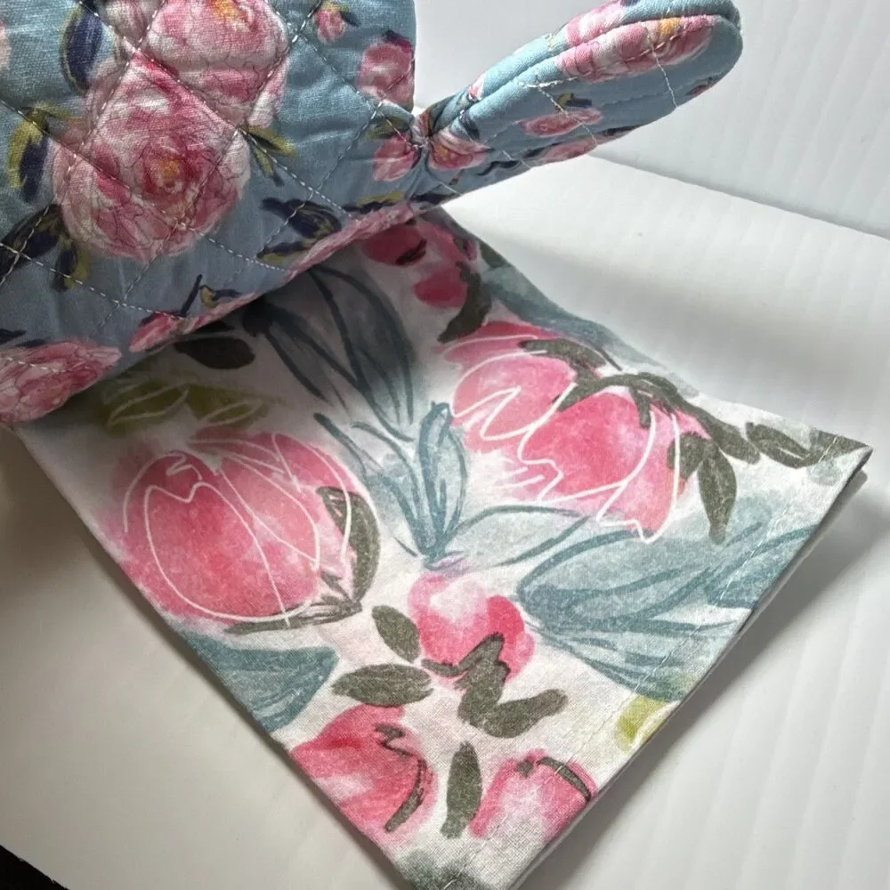 Transpac Home & Gift Cotton Pink Peonies Oven Mitt & Tea Towel Set 2 TE00271